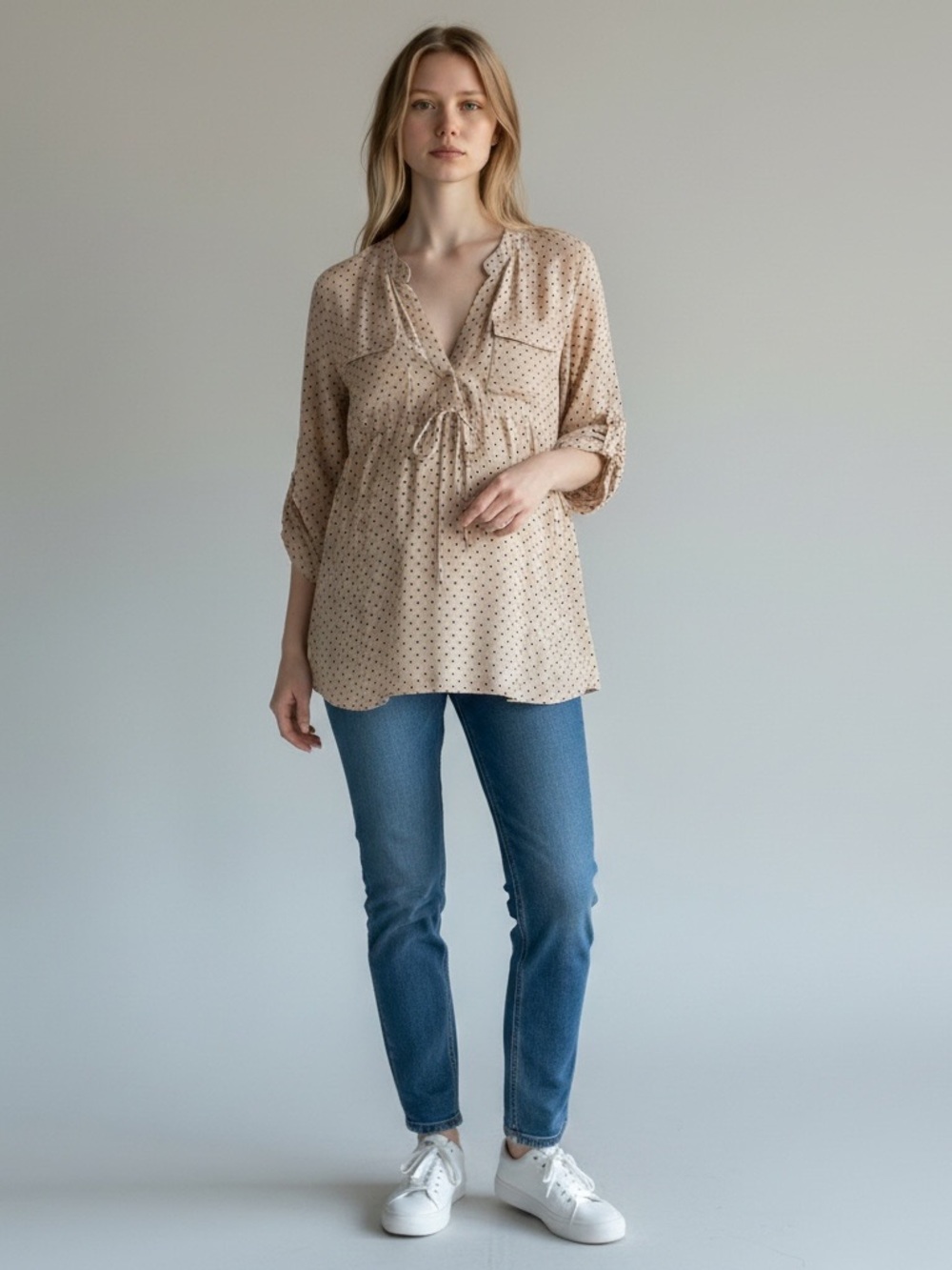 Oh! Mamma S Beige Black Polka Dot Peasant Blouse with Drawstring
